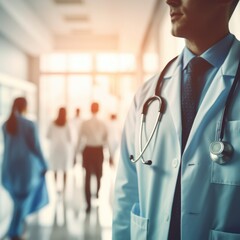 Doctor in hospital corridor, unfocused background. Healthcare And Medicine concept.