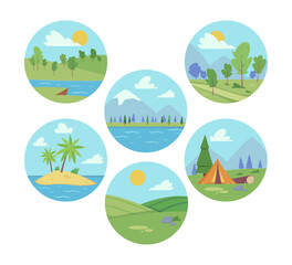 Fototapeta na wymiar Summer landscapes as holiday locations vector illustrations set. Collection of cartoon drawings of island, campsite, rivers or lakes, countryside, fields. Nature, vacation, recreation concept