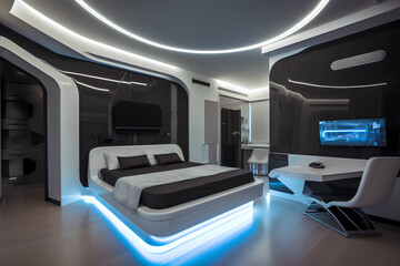 High-tech style bedroom interior in luxury house.