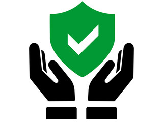 Shield and check Sign between hands icon. Black and White line art style, editable vector file on transparent background. Education, insurance, support concept