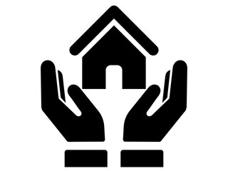 House Sign between hands icon. Black and White line art style, editable vector file on transparent background. Mortgage, insurance, support concept