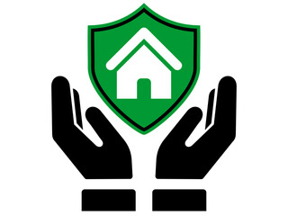 House with shield Sign between hands icon. Black and White line art style, editable vector file on transparent background. Mortgage, insurance, support concept