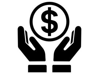 Dollar Sign between hands icon. Black and White line art style, editable vector file on transparent background. Money, insurance, support concept