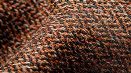 Close-up shot of a tactile woven fabric with intricate herringbone and tweed patterns. Macro photography captures the detailed threads and texture, ideal for textile, fashion, and clothing design.