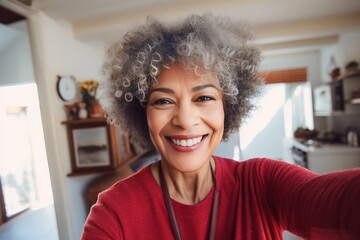 Senior black woman taking selfie at home - Powered by Adobe