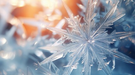 Close-up of a frozen ice crystal with intricate patterns and geometric shapes, showcasing the beauty and detail of nature in winter
