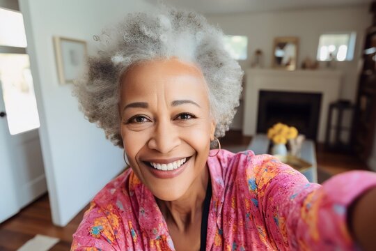 Senior Black Woman Taking Selfie At Home