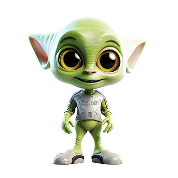 Little cartoon green alien isolated on transparent white background