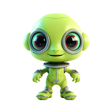 Little cartoon green alien isolated on transparent white background