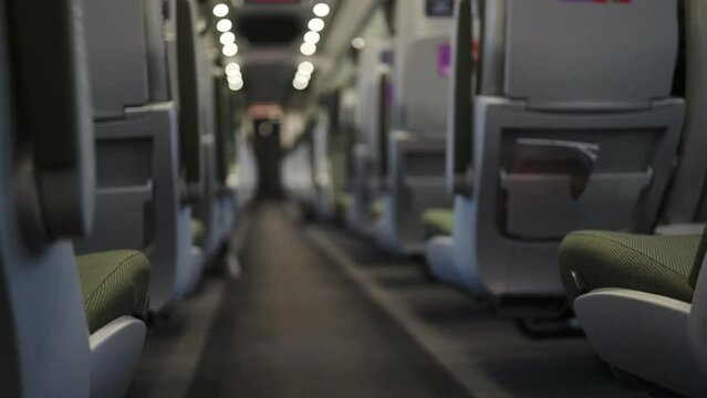 inside the moving passenger train as he passes through the woods in Krarow, Poland. . High quality FullHD footage