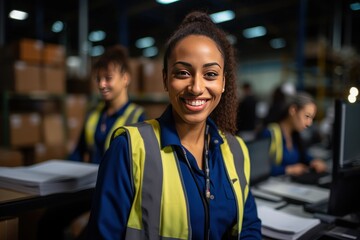 Happy female Employees in uniform Use a tablet to work in the warehouse - obrazy, fototapety, plakaty