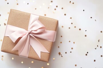 Obraz na płótnie Canvas Banner of birthday or New Year's eve present in kraft paper with pink ribbon on soft white background with bokeh lights. Xmas composition. holidays celebration and giving love, Generative AI