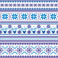 Christmas vector greeting card pattern with blue  stars and snowflakes - Scandinavian knnitting, cross-stitch design
