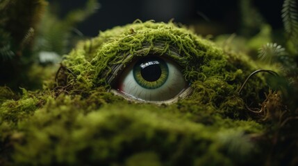 Fototapeta premium Surreal creepy green moss covered eye of the swamp, nature watches, eye of the beholder, guardian keeping a close eye, observing every move - generative AI 