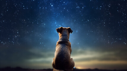 dog view from the back sitting and looking at the stars in the night sky. - Powered by Adobe