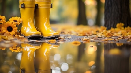 yellow rubber boots in a puddle in the park autumn leaves background rainy weather.