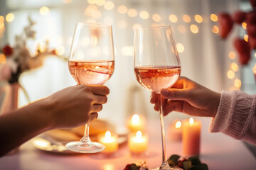 Obraz premium Happy couple toasting with glasses of rose wine celebrating holidays, beautiful Christmas table setting and decoration in the background