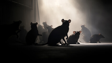 black and white silhouettes of rats in the fog and live disinfection destruction of rodents.