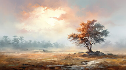 vintage oil painting sunset lonely tree nature landscape. - obrazy, fototapety, plakaty