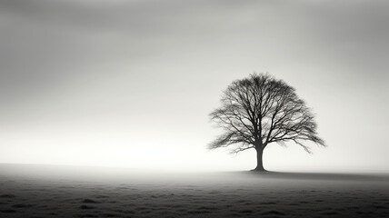 a lonely tree in a field without leaves fog branches.