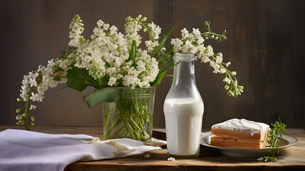 Obraz na płótnie Canvas Glass of milk on the table and wild flowers