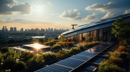 solar panel factory with hot sun, with industrial background - obrazy, fototapety, plakaty