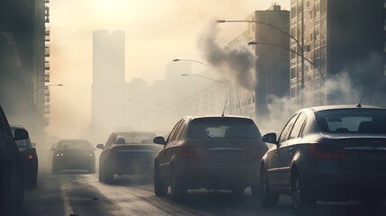Pollution from car exhaust in the city. Smoke from cars during the day - obrazy, fototapety, plakaty