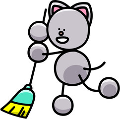 ほうきで掃除をするにゃんまるのイラスト(左右反転バージョン)　猫
