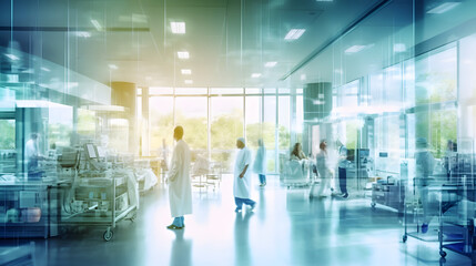 Abstract blurred image of doctor and patient people in hospital interior or clinic corridor for background, laboratory, science experiment, health care and medical technology concept. Generative AI - obrazy, fototapety, plakaty
