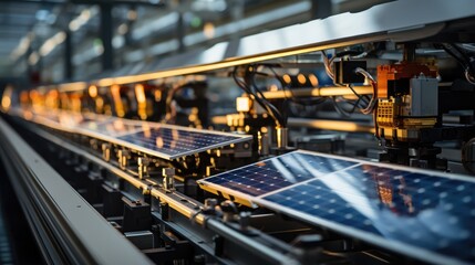 Obraz premium Solar Panel Production Line with advanced Robot Arm in modern Factory
