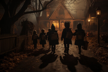 Generative AI, Children Approaching Creepy Wooden House - Halloween Trick-or-Treat