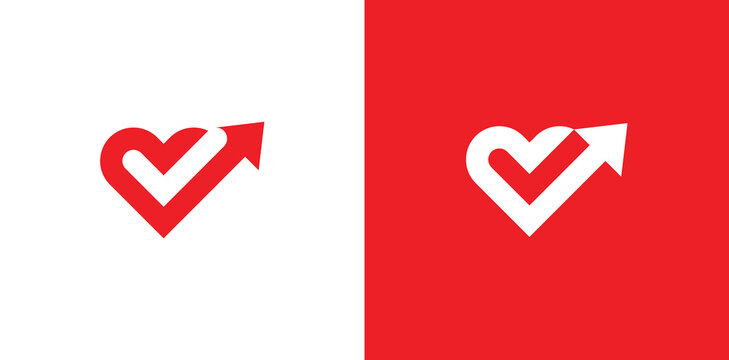 Heart Check with Arrow Logo Concept icon symbol sign Design Element. Tick, Love, Medical, Health Care, Valentine's Day Logotype. Vector illustration template