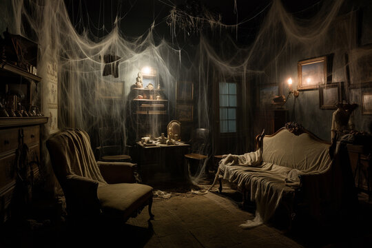 Generative AI - Eerie Halloween, interior of an Old Wooden House with Cobwebs