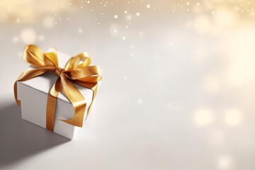 Fototapeta na wymiar Gift box wrapped in white paper with a golden bow on festive light background. Copyspace for your text. Flat lay style. Christmas, New Year or birthday celebration concept. Generative AI