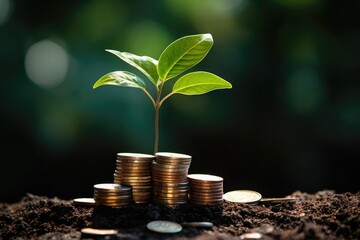 Stack Coins and Plant growing. money saving investment concept. Generative AI