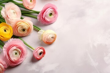 Ranunculus flowers on marble background with copy space. Abstract natural floral frame layout with text space. Romantic feminine composition. International Women day, Mother, Generative AI