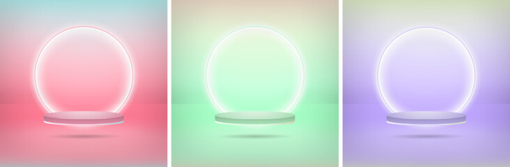 Floating 3d rendered podium mockup scenes with glowing circle frame in pastel interiors. Vector Illustration.