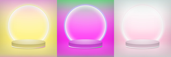 Set of 3d Colorful rooms with realistic cylinder podium mockups with glowing ring lights. Bright and Vivid Interior scenes for advertisements, product display. Vector.