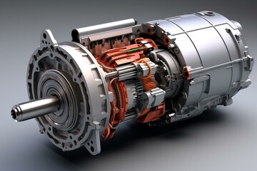 3D visualization of electric vehicle motor with cutaway view on gray background. Generative AI