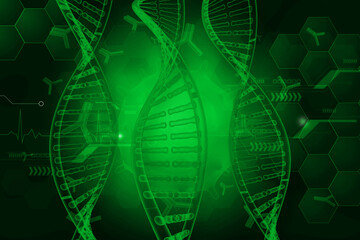 DNA strand on greenscientific background. 3d illustration