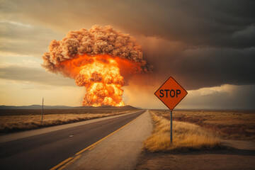 Red stop sign on the background of a nuclear explosion on the road through the field. AI generation. - obrazy, fototapety, plakaty