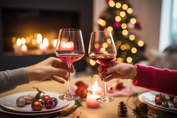 Happy couple toasting with glasses of rose wine celebrating holidays, beautiful Christmas table setting and decoration in the background