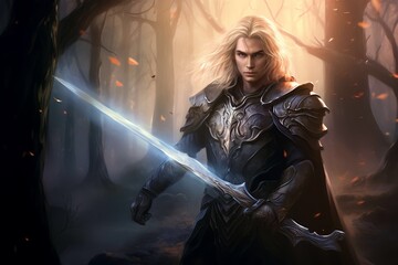 a male blonde Elf fantasy warrior holding a magical greatsword in a mystical forest - obrazy, fototapety, plakaty