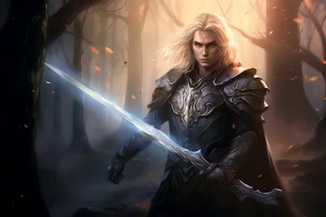 Fotobehang a male blonde Elf fantasy warrior holding a magical greatsword in a mystical forest © Salsabila Ariadina