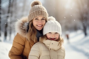 Fototapeta premium Mother and daughter in winter park wearing a warm hat and warm jacket surrounded with snowflakes. Winter holidays concept.