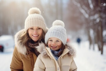 Fototapeta na wymiar Mother and daughter in winter park wearing a warm hat and warm jacket surrounded with snowflakes. Winter holidays concept.