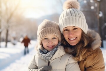 Fototapeta premium Mother and daughter in winter park wearing a warm hat and warm jacket surrounded with snowflakes. Winter holidays concept.