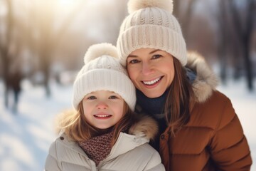 Fototapeta premium Mother and daughter in winter park wearing a warm hat and warm jacket surrounded with snowflakes. Winter holidays concept.