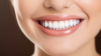 Obraz premium Closeup of smile with white teeth. Dental care, teeth whitening procedure at dentist.