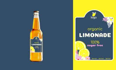 Vector label for lemonade with illustration of lemon and flowers on blue background in flat style